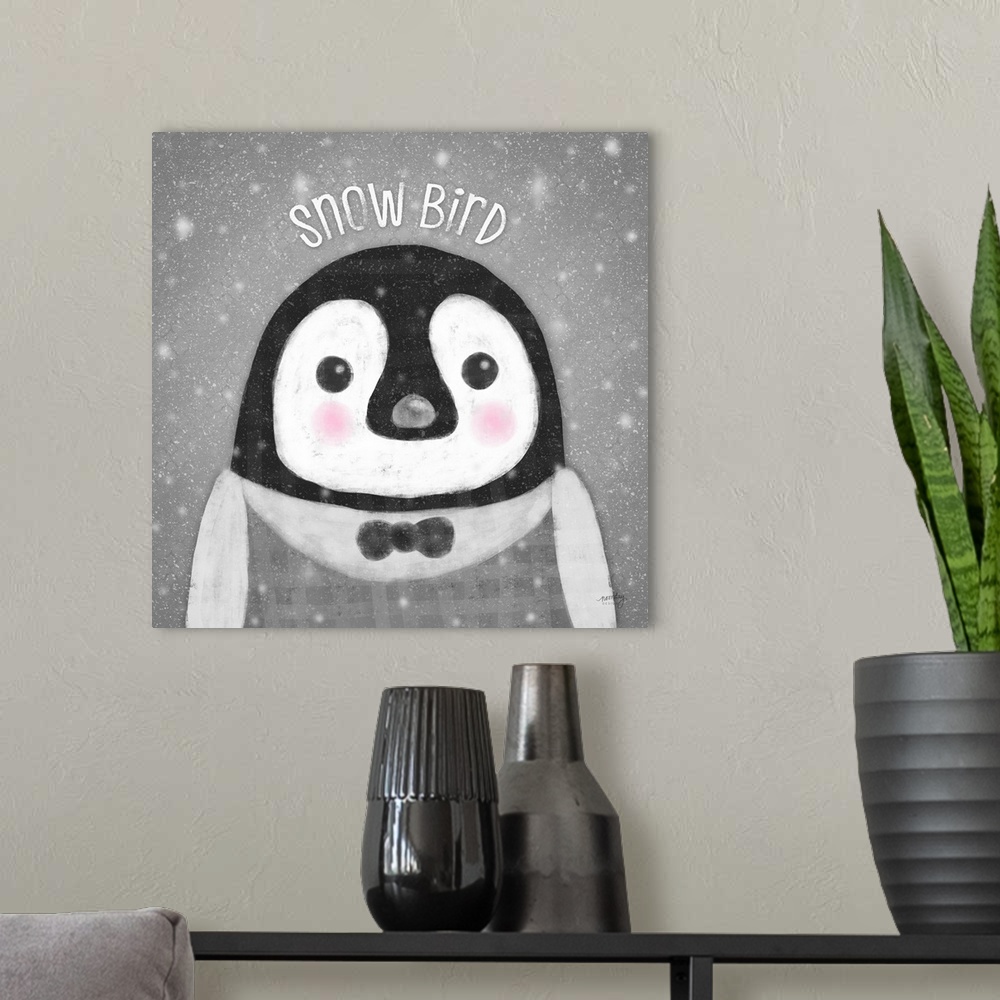 A modern room featuring Adorable decorative image of a penguin with a snowy gray background and a light gray grid overlay.