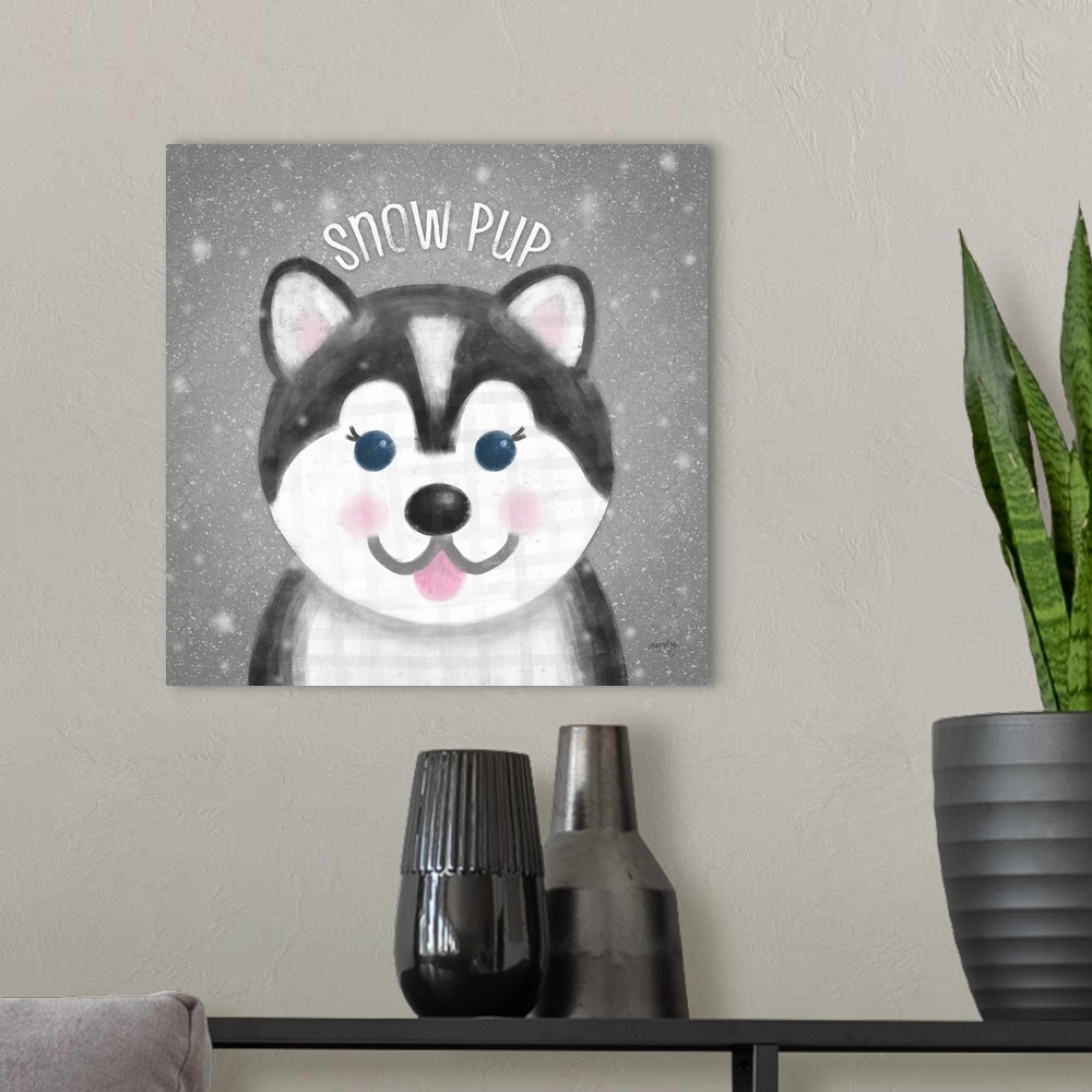 A modern room featuring Adorable decorative image of a wolf with a snowy gray background and a light gray grid overlay.