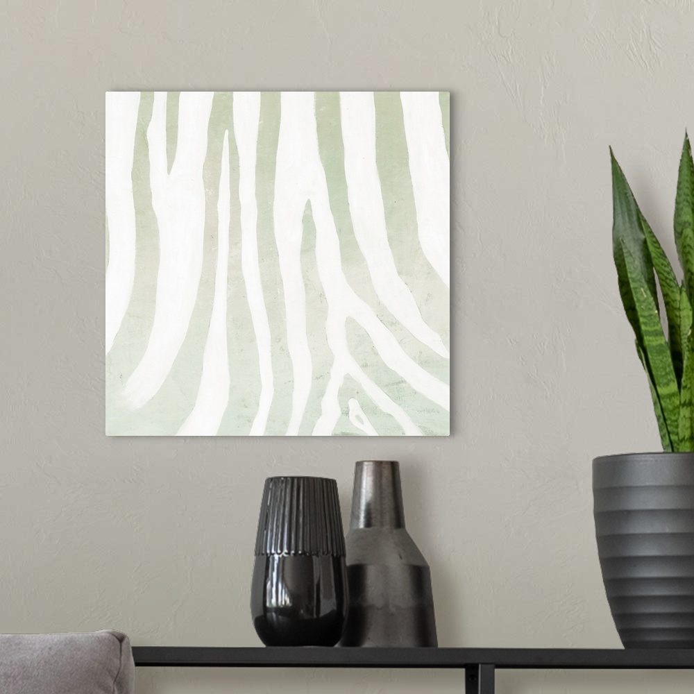 A modern room featuring A modern decorative image of a zebra pattern in subdue gray and white.