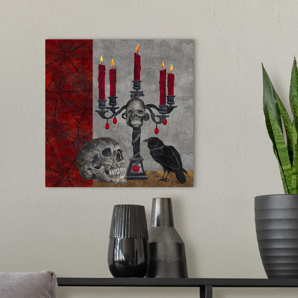 A modern room featuring A square decorative image of a human skull, candelabra and a raven surrounded by webs with a crac...