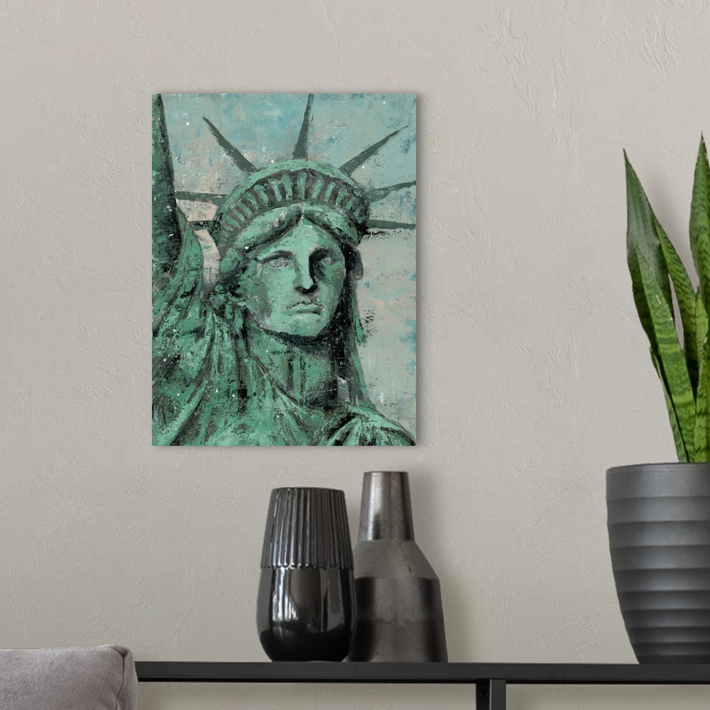 A modern room featuring Contemporary painting of the Statue Of Liberty in New York, in subdue green tones, with a distres...