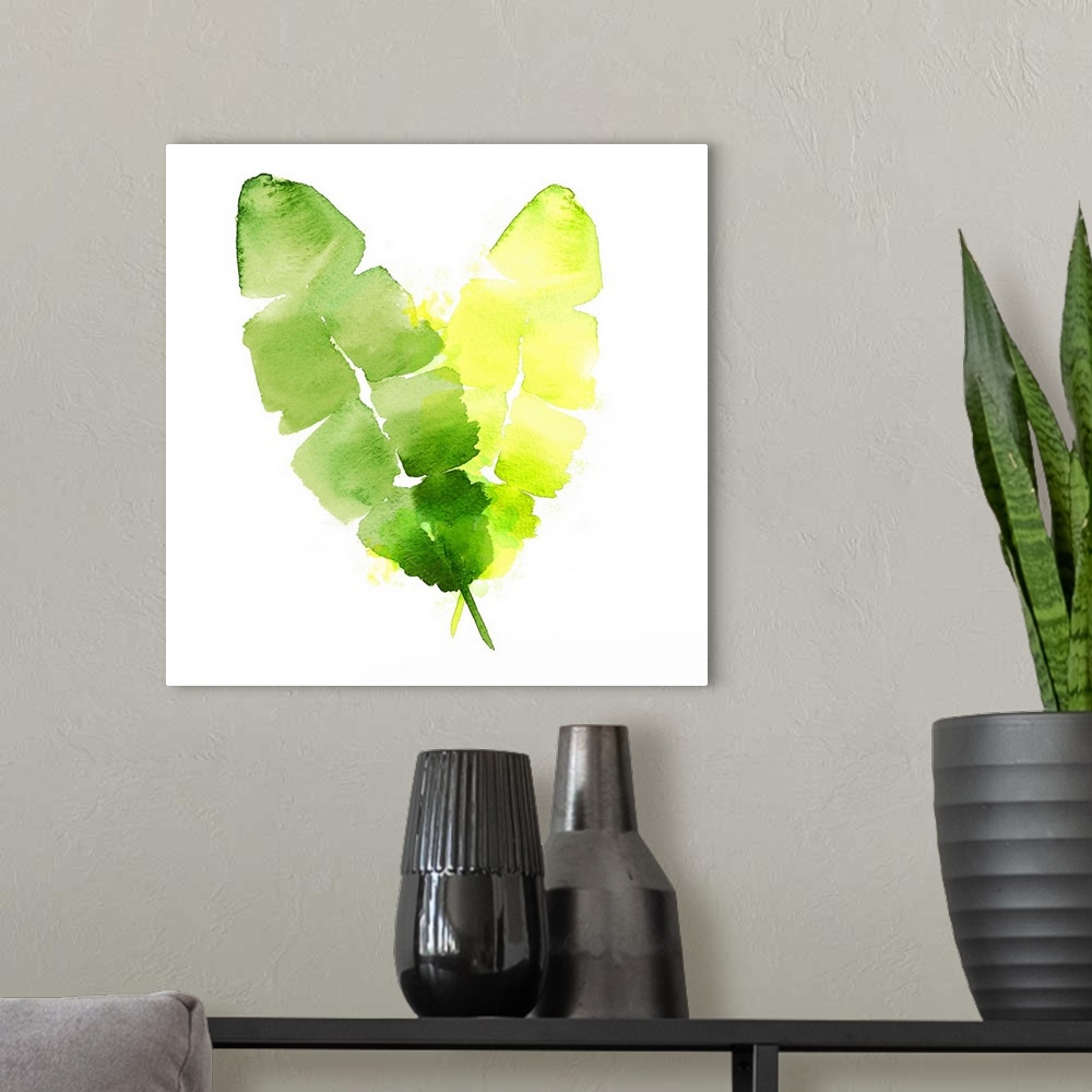 A modern room featuring Square decorative watercolor image of banana leaves on a white background.