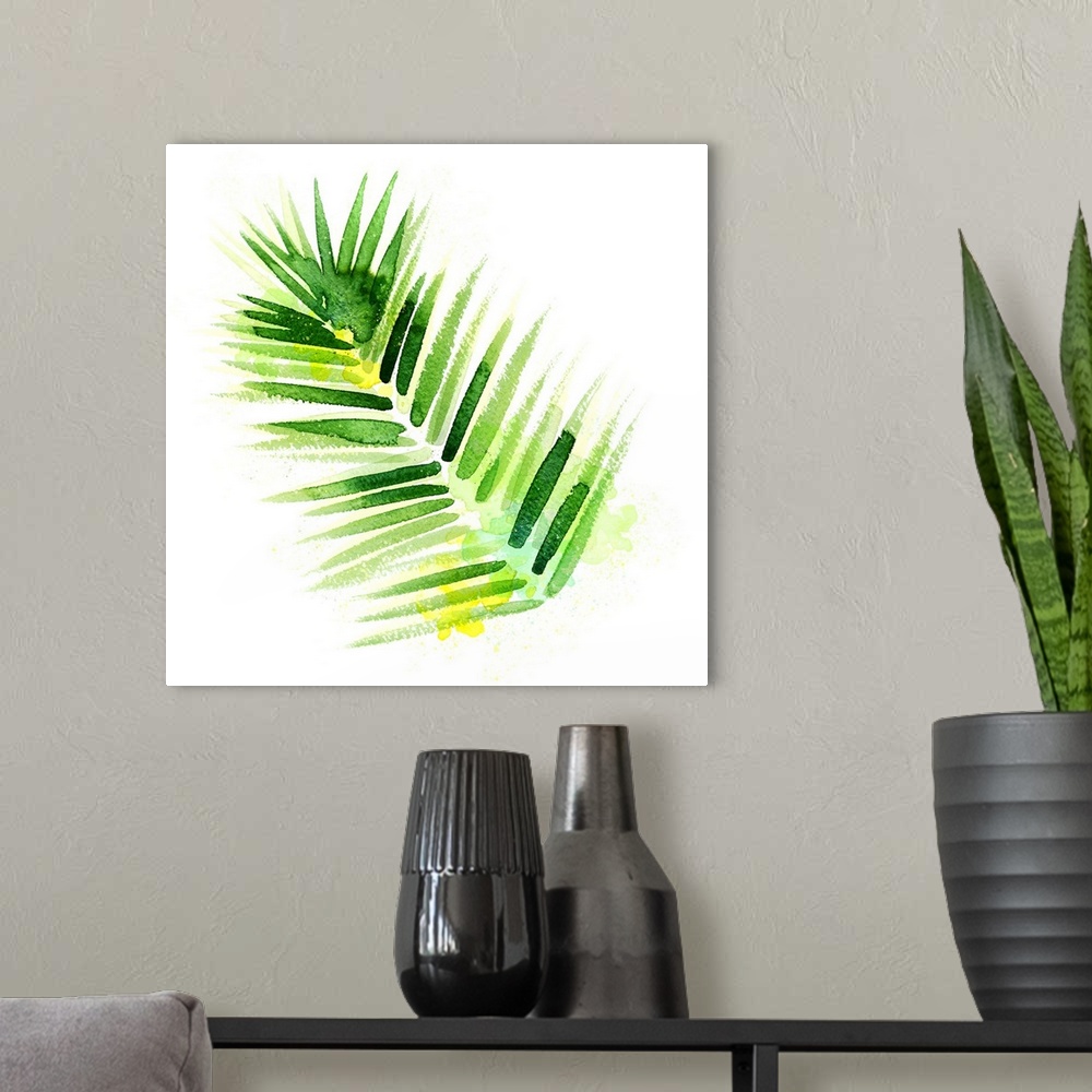 A modern room featuring Square decorative watercolor image of palm leaves on a white background.