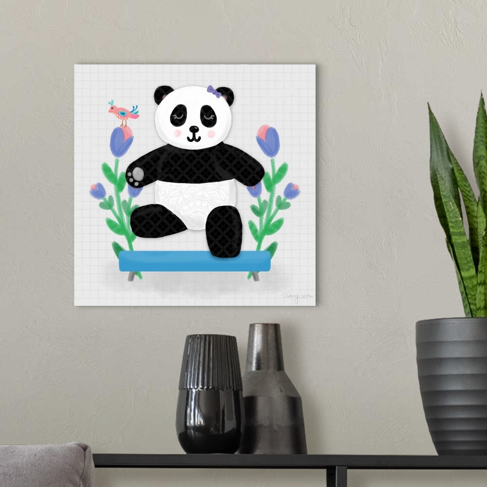 A modern room featuring A whimsical design of a black and white panda on a gymnastics balance beam with flowers on a gray...