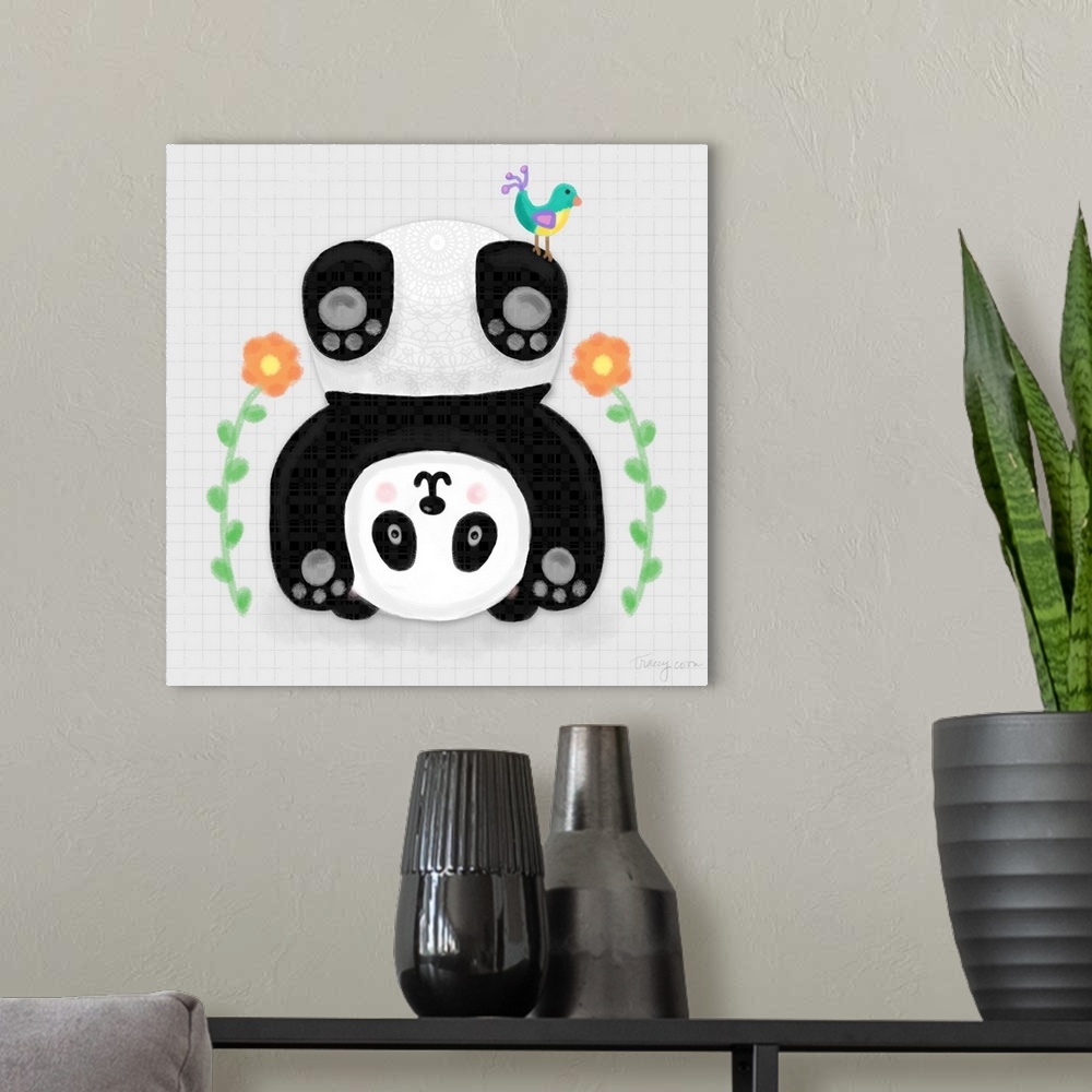 A modern room featuring A whimsical design of a black and white panda doing a handstand with flowers on a gray and black ...