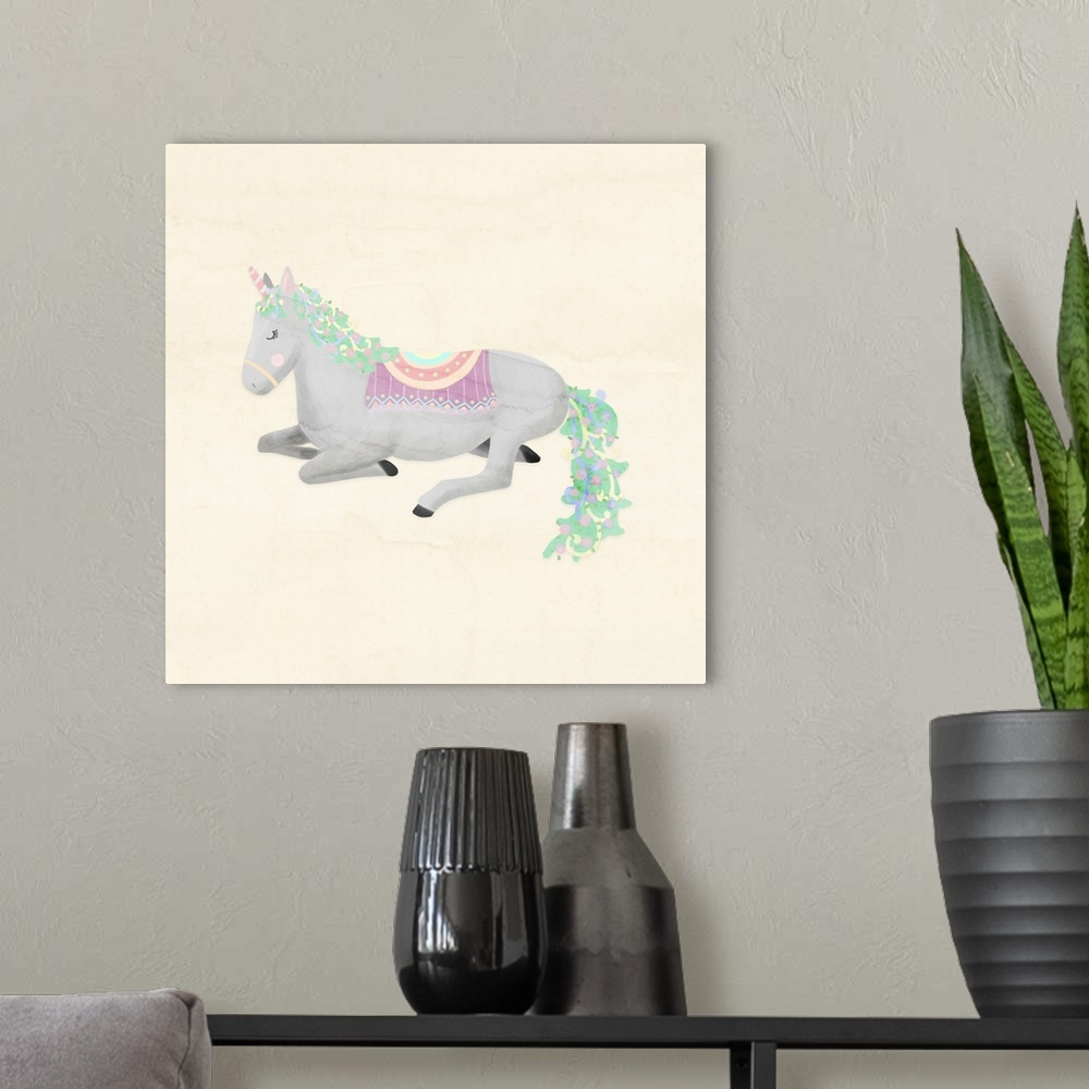 A modern room featuring A decorative whimsical design of a gray and green unicorn with a watercolor beige backdrop.