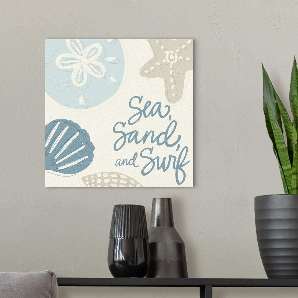 A modern room featuring "Sea, sand, and surf" with sea shells in muted shades of beige and blue on a neutral background.