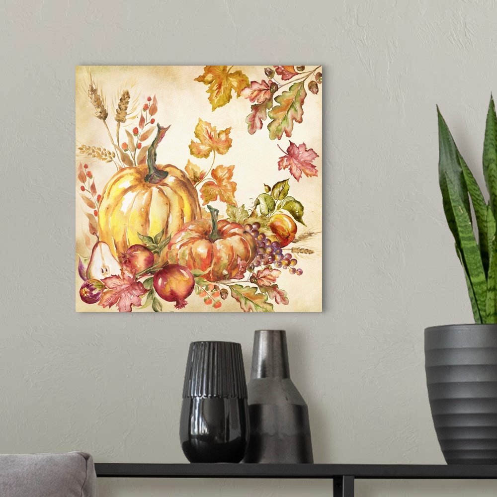 A modern room featuring A watercolor painting of a group of pumpkins with autumn leaves in warm shades.