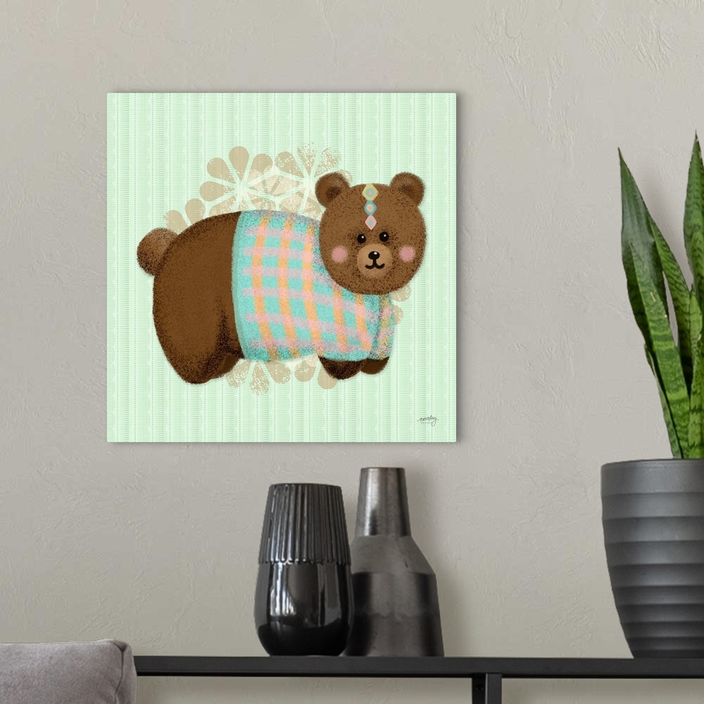 A modern room featuring A darling illustration of a brown bear wearing a sweater with a floral pattern on a striped green...