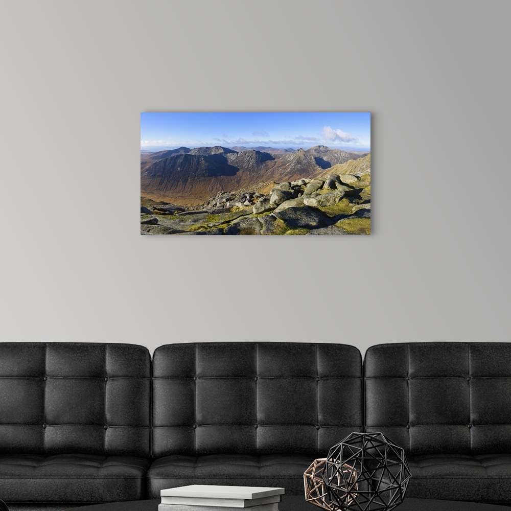 A modern room featuring Panoramic view of the Northern Mountains from the top of Goatfell, Isle of Arran, North Ayrshire,...
