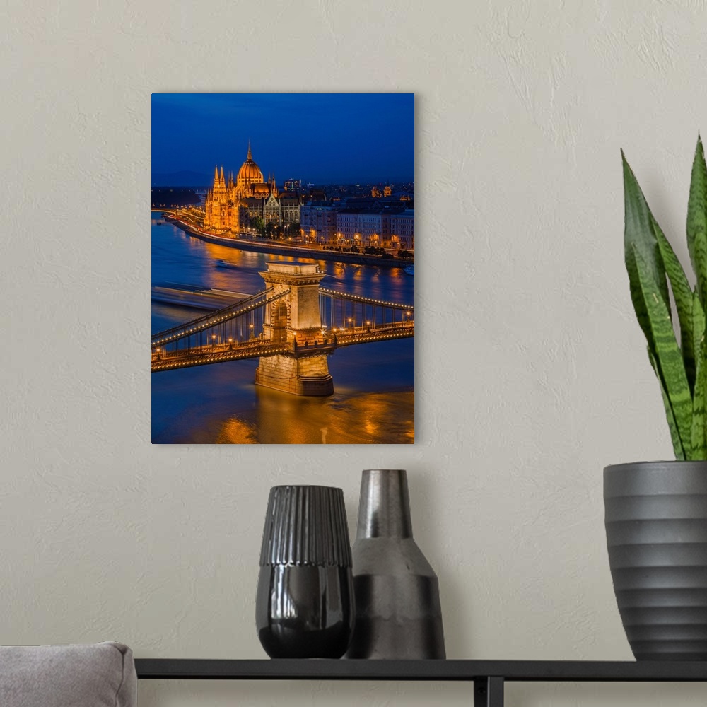 A modern room featuring View of the Chain bridge over the River Danube, with the Parliament in the background, Budapest, ...