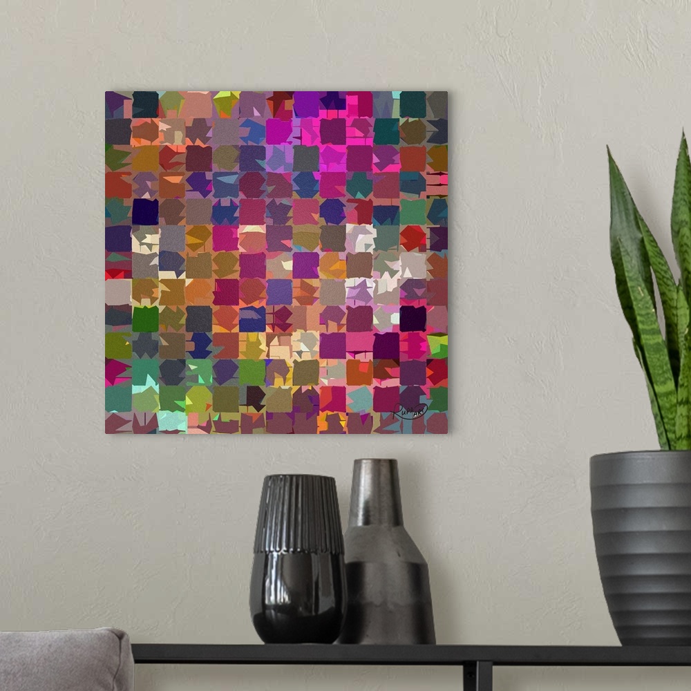 A modern room featuring Square abstract piece with a grid of colorful inorganic shapes.
