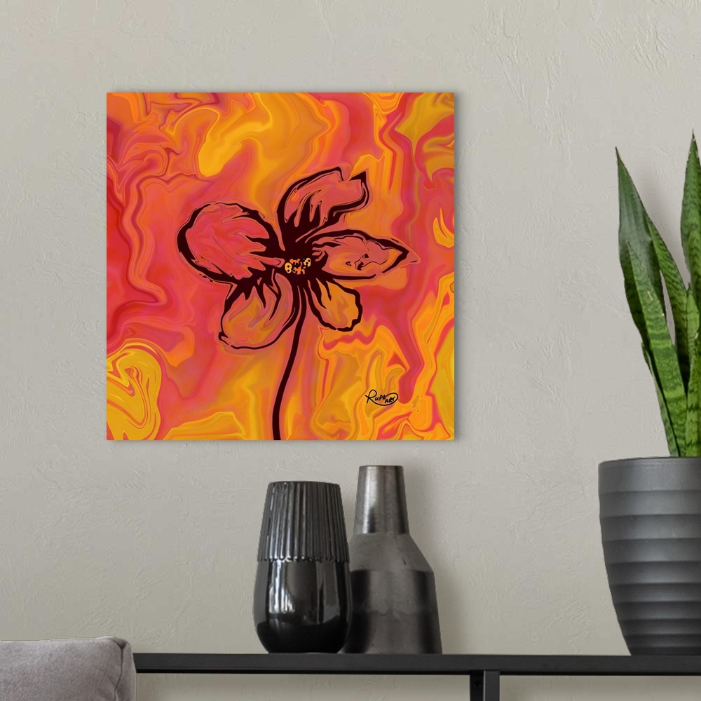 A modern room featuring Black Flower On Orange Two
