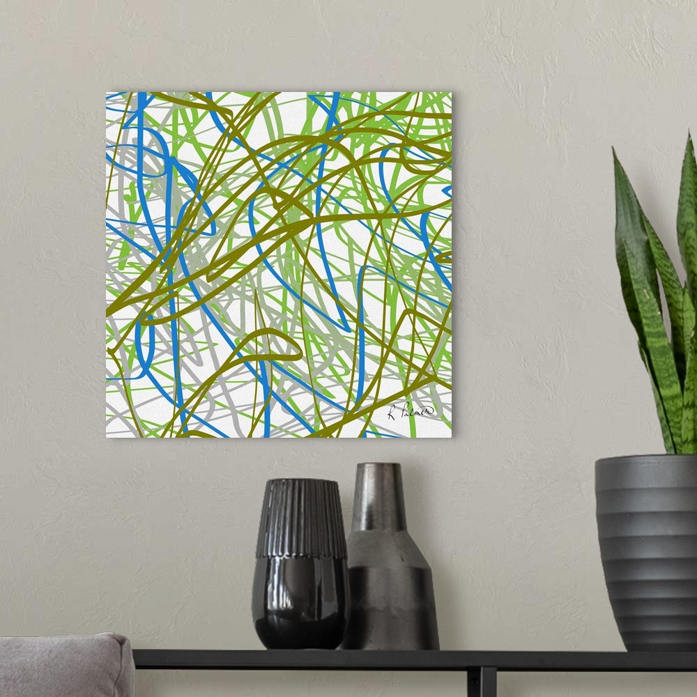 A modern room featuring Contemporary abstract painting of a web of blue and green lines against a white background.