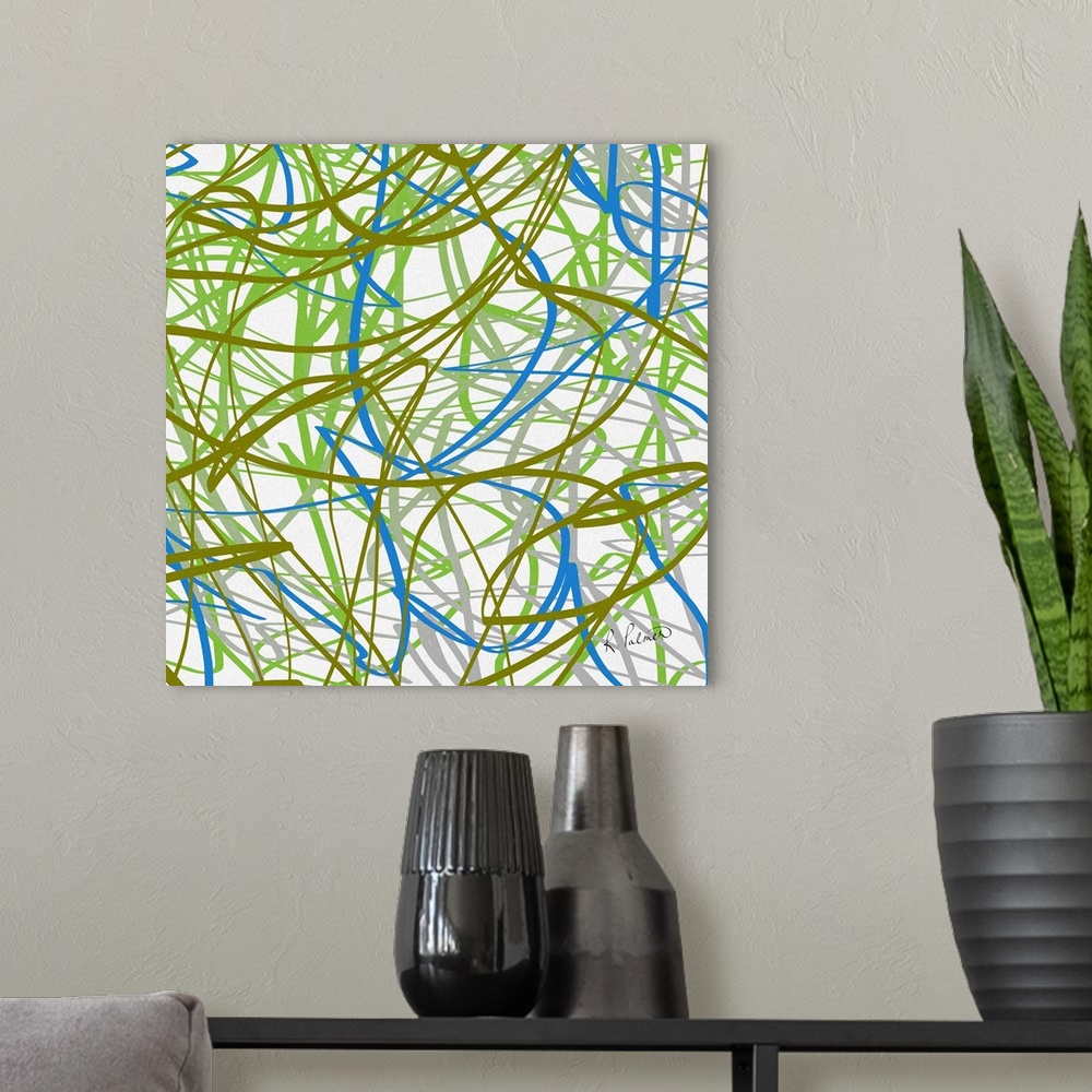 A modern room featuring Contemporary abstract painting of a web of blue and green lines against a white background.
