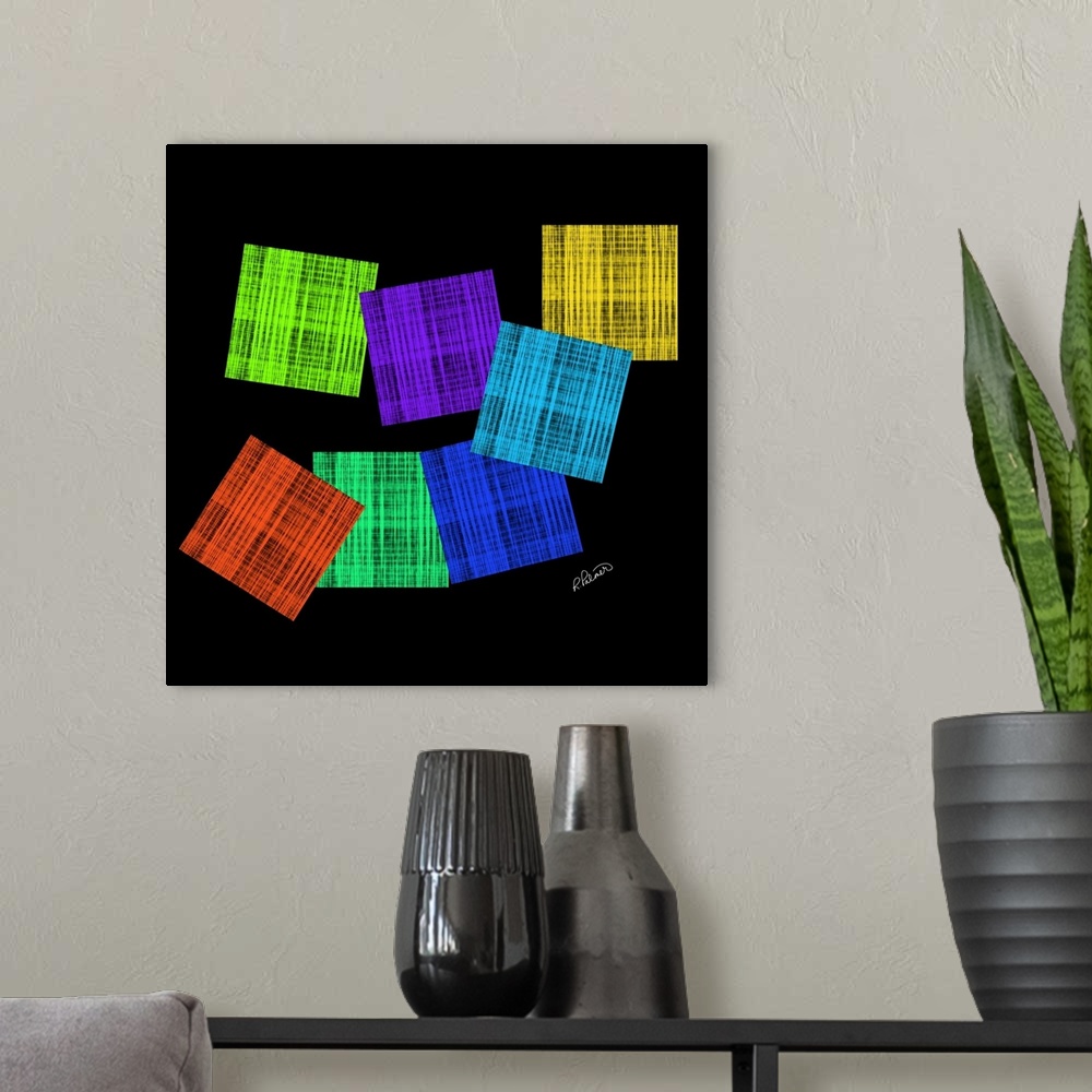 A modern room featuring Vibrant colored boxes in a cross hatching pattern overlapping each other on a black backdrop.