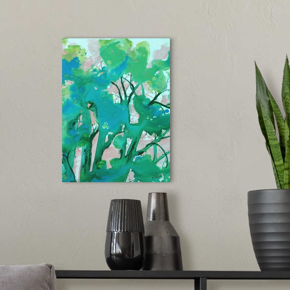A modern room featuring Abstract painting in bright shades of blue, green, and gray.