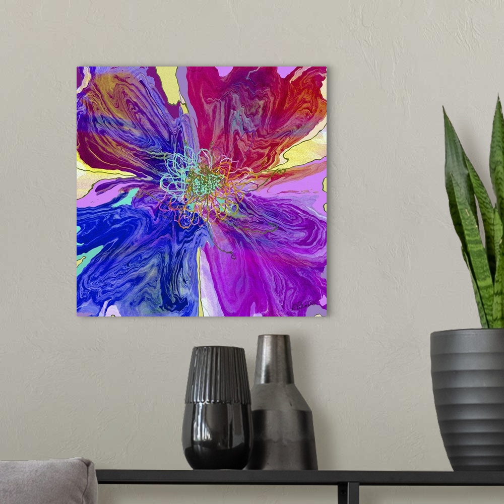 A modern room featuring A square image of an abstract flower in vibrant colors.
