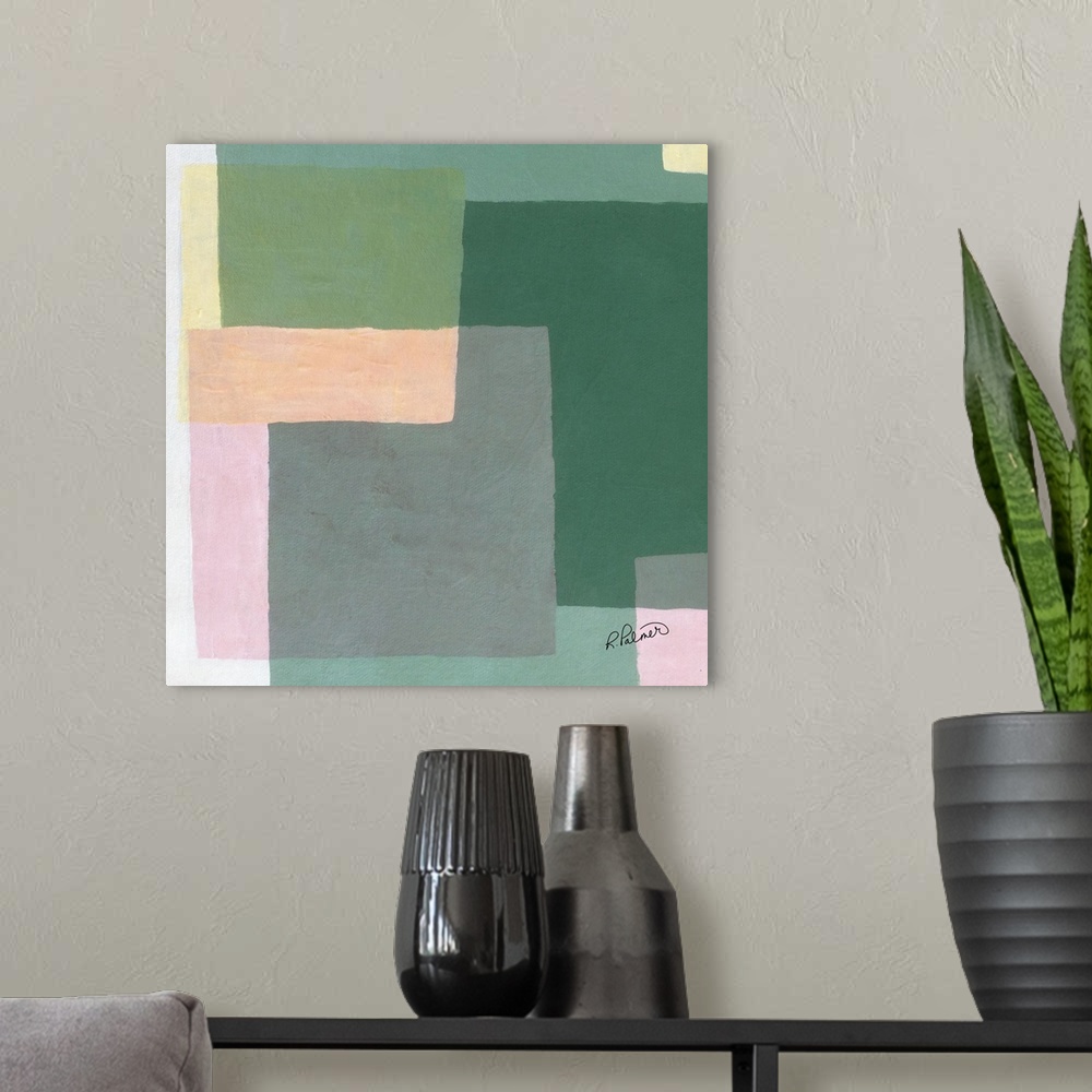 A modern room featuring Square abstract painting with square and rectangular shapes layered on top of each other.