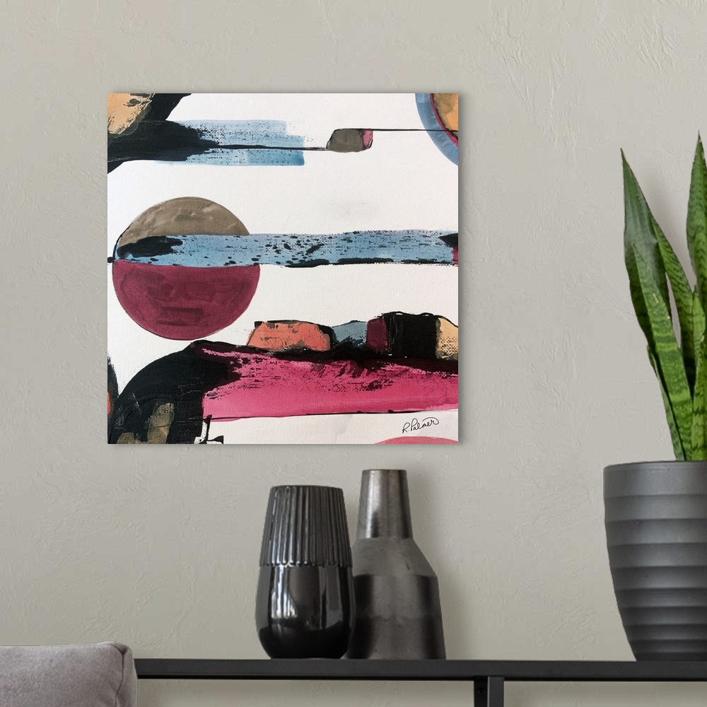 A modern room featuring Square abstract painting with bands of color throughout and a circular figure in the middle, all ...