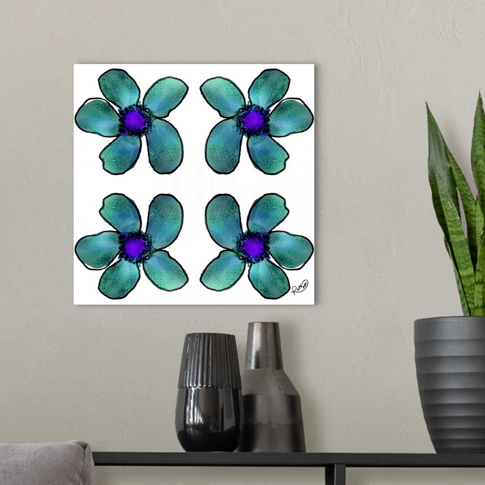 A modern room featuring Square watercolor painting of four teal flowers.