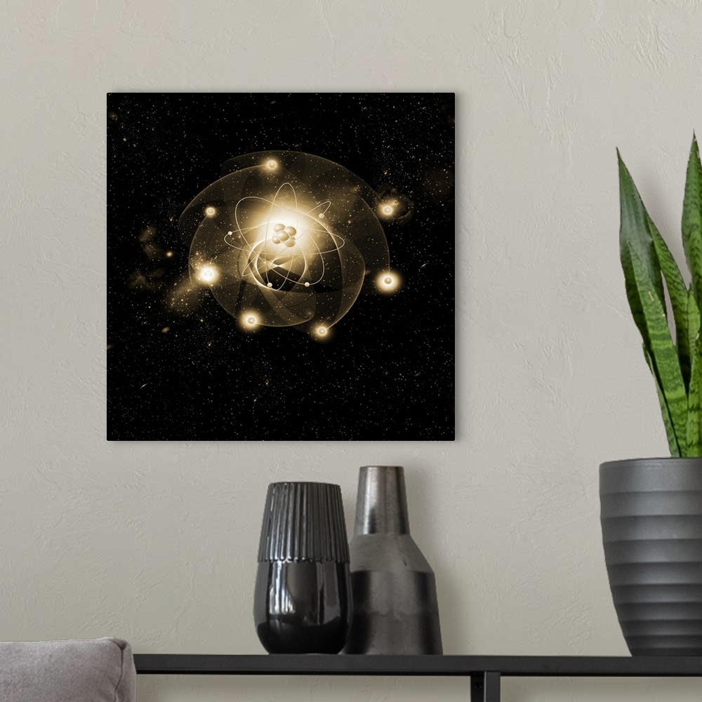 A modern room featuring Atomic structure. Conceptual computer artwork of eleven electrons orbiting a central nucleus. Thi...