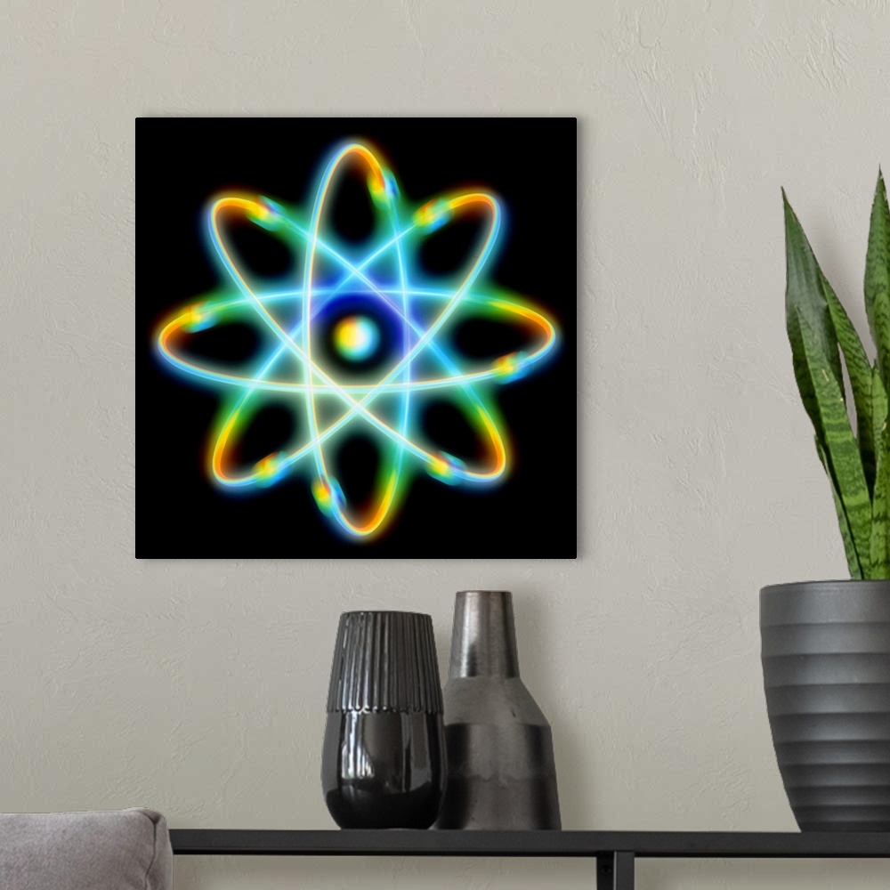 A modern room featuring Atomic structure. Conceptual computer artwork representing the structure of an atom. Eight electr...