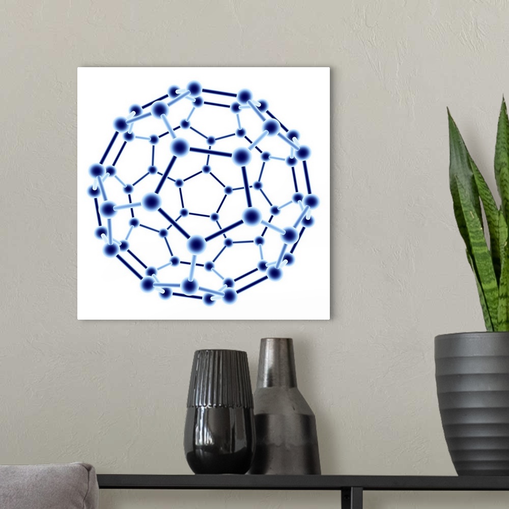A modern room featuring Buckminsterfullerene. Computer graphic of a molecule of buckminsterfullerene (C60). This is a str...
