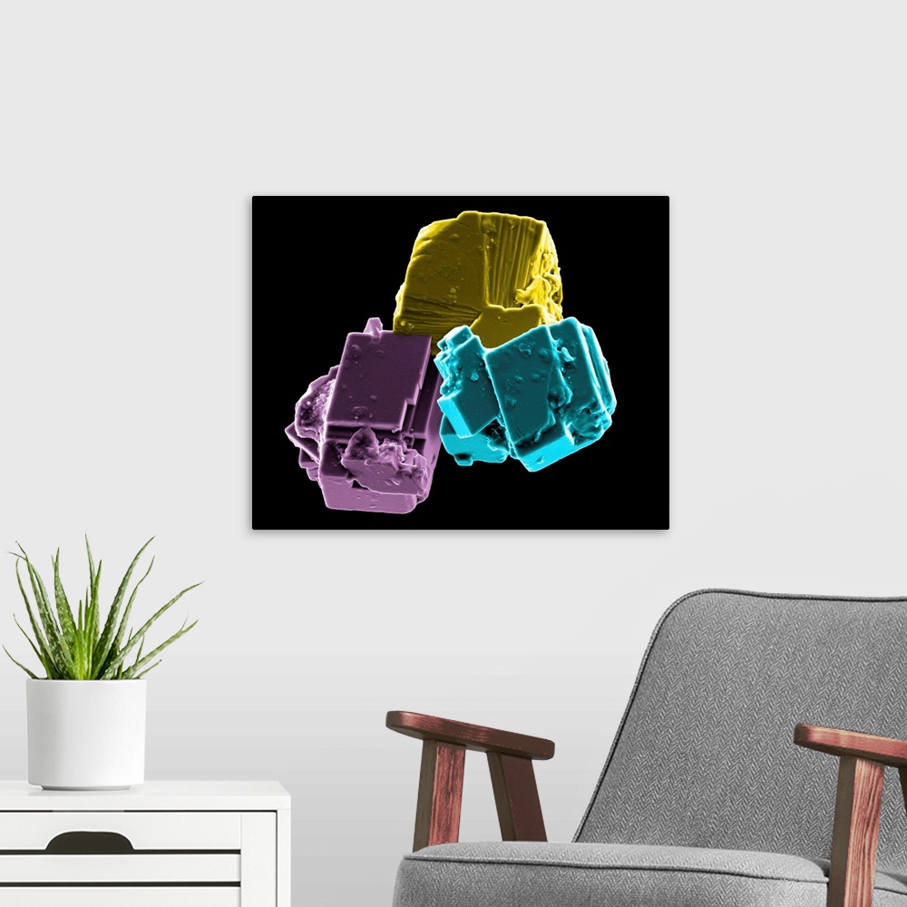 A modern room featuring Coloured scanning electron micrograph (SEM) of calcium carbonate cubes. This crystal form (polymo...