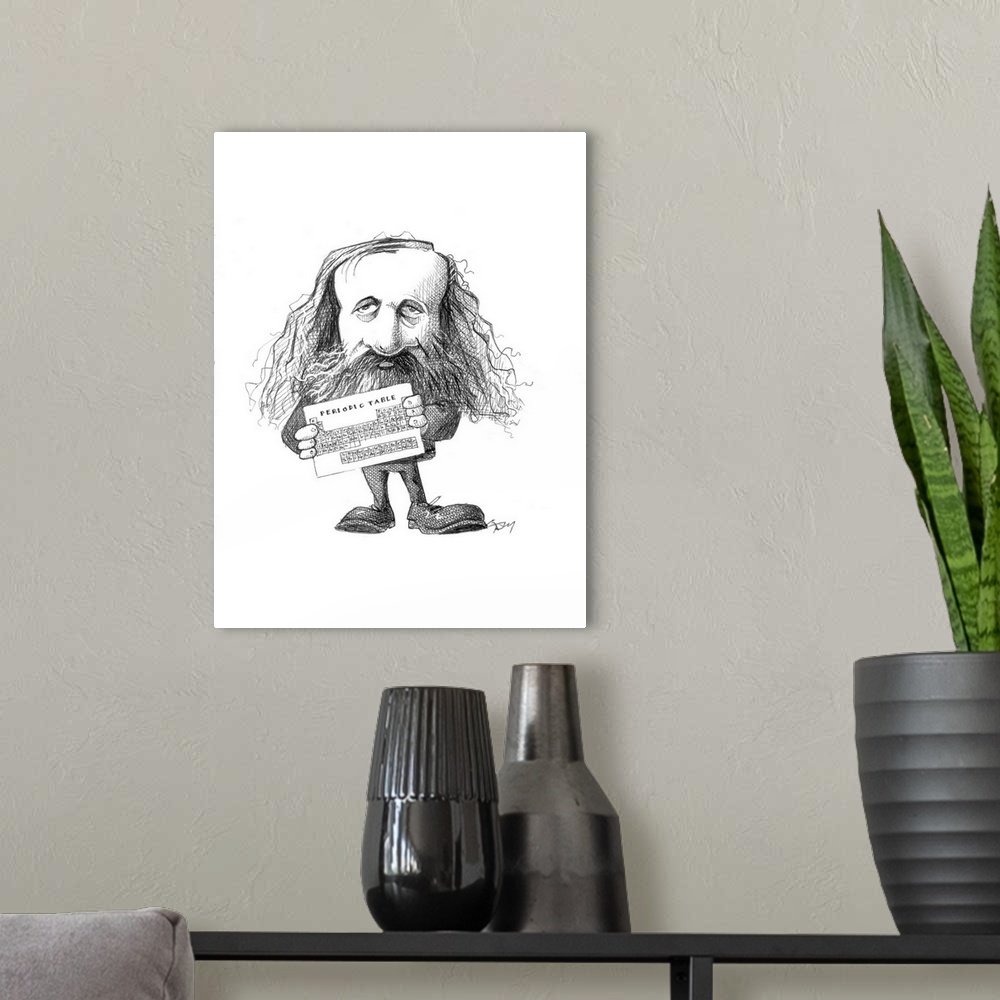 A modern room featuring Dmitri Mendeleev (1834-1907). Caricature of the Russian chemist Dmitry Ivanovich Mendeleyev. Mend...