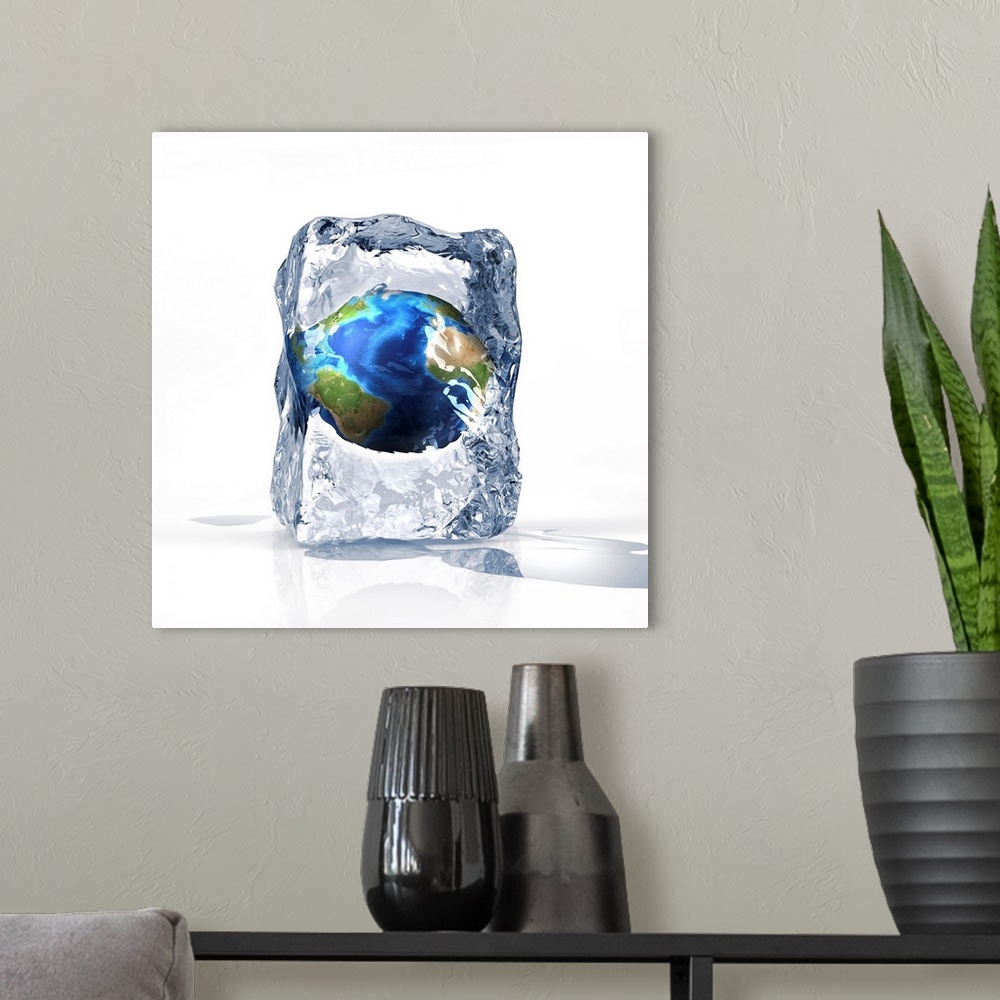 A modern room featuring Frozen Earth, conceptual computer artwork.