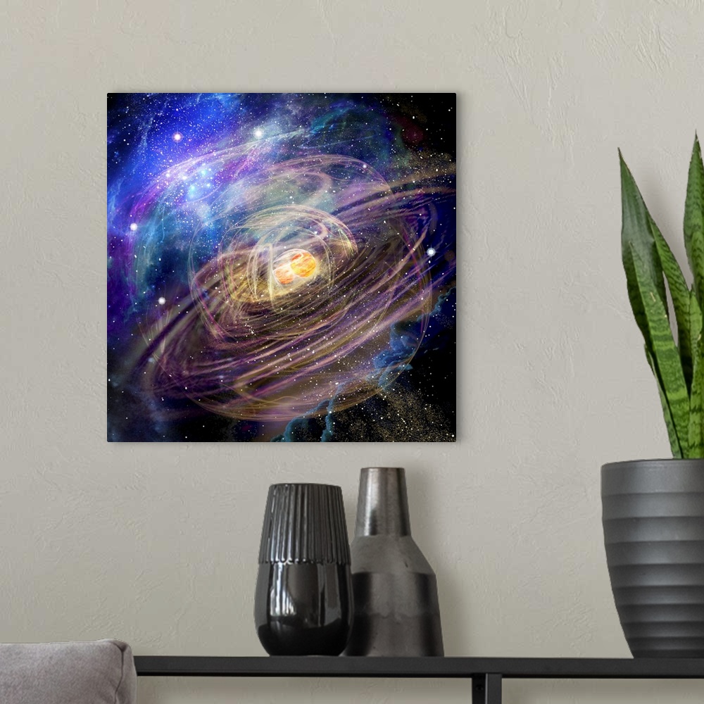A modern room featuring Gravitational waves. Illustration of two neutron stars colliding and emitting gravitational waves...