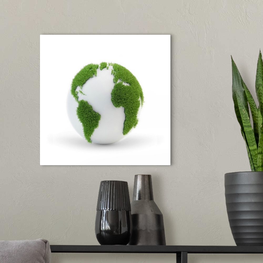 A modern room featuring Green planet, conceptual computer artwork.