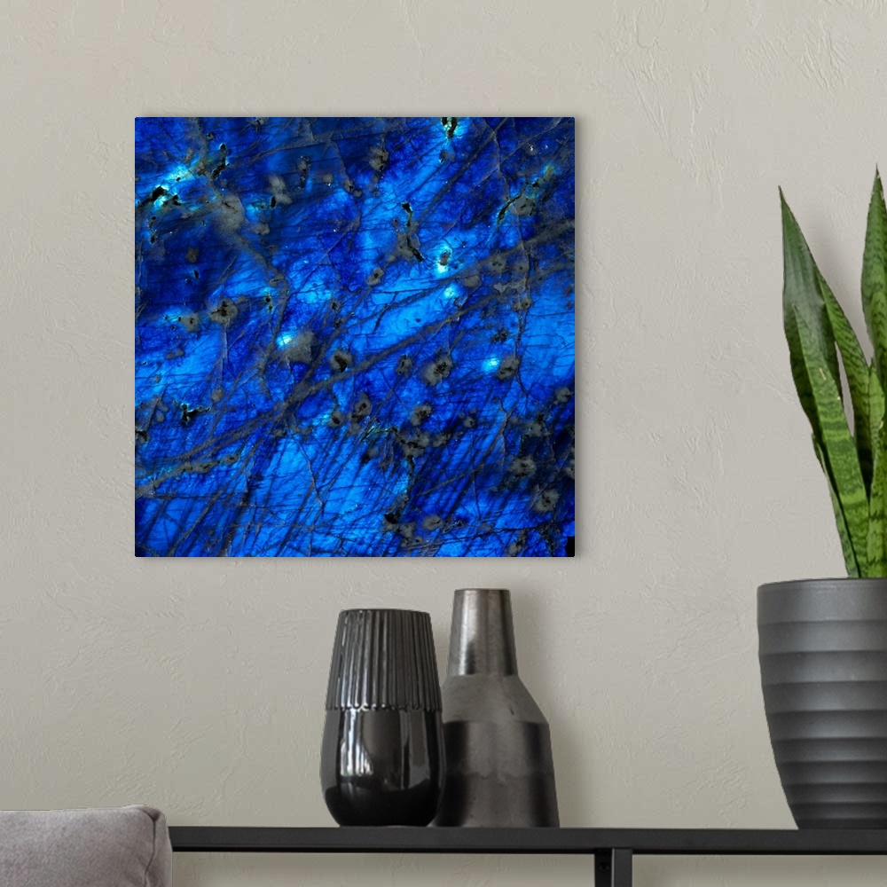 A modern room featuring Labradorite. Close-up of the surface of a rich blue specimen of the mineral labradorite (calcium ...