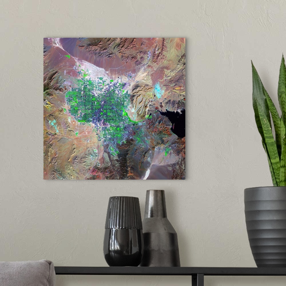 A modern room featuring Las Vegas. Coloured optical and infrared, Landsat satellite image of the city of Las Vegas, Nevad...