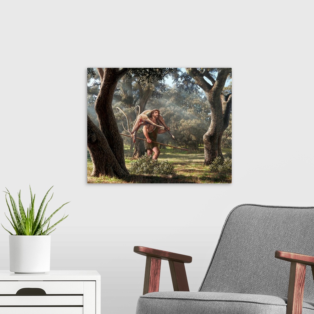 A modern room featuring Neanderthal hunter. Illustration of a Neanderthal hunter in woodland with a spear, returning home...