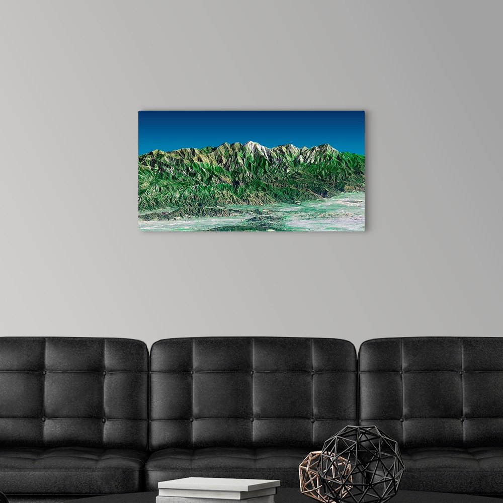 A modern room featuring San Gabriel mountains. True-colour radar-generated image looking north-east from the Mailbu coast...