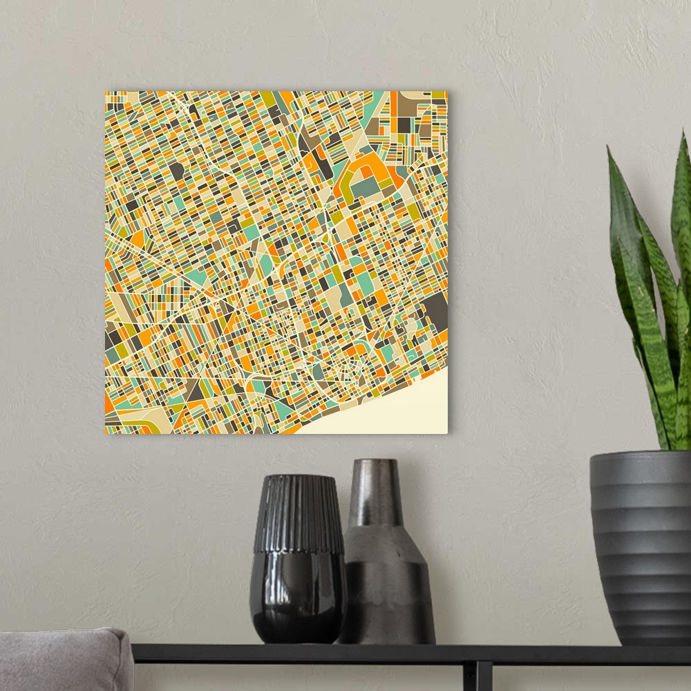 A modern room featuring Colorfully illustrated aerial street map of Detroit, Michigan on a square background.