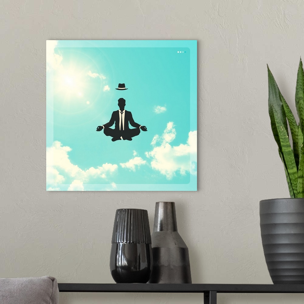 A modern room featuring Conceptual illustration of a man in black and white meditating while floating in the bright, clou...