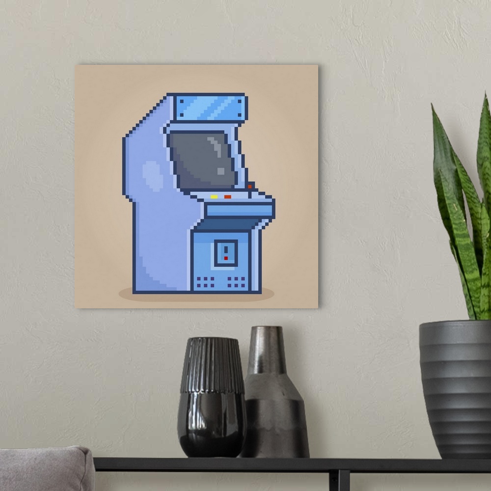 A modern room featuring 8-bit pixel of a retro game console. Video game machine. Originally a vector illustration.