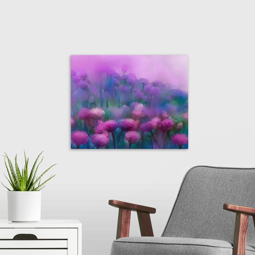 A modern room featuring Abstract flowers oil painting.