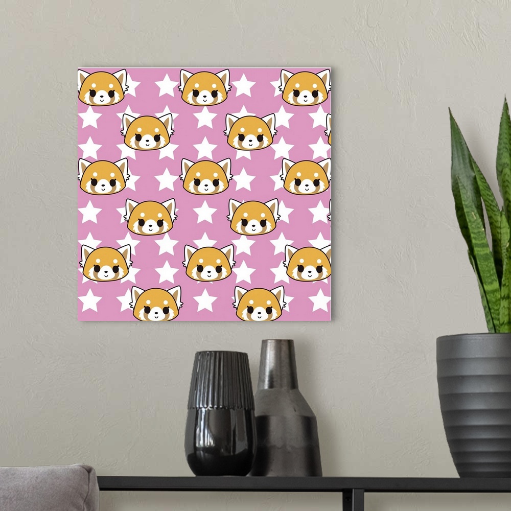 A modern room featuring Anime panda aggretsuko on colorful patterned background.