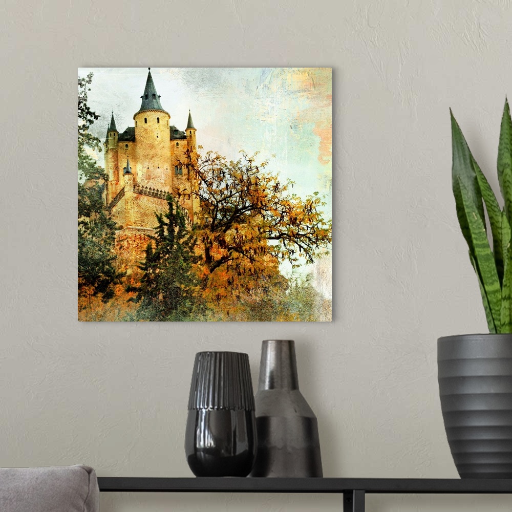 A modern room featuring medieval castle Alcazar, Segovia,Spain- picture in painting style