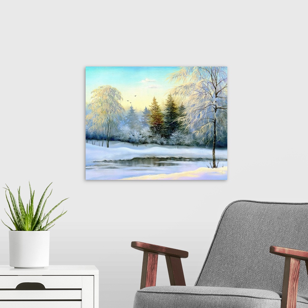 A modern room featuring beautiful winter landscape, canvas, oil