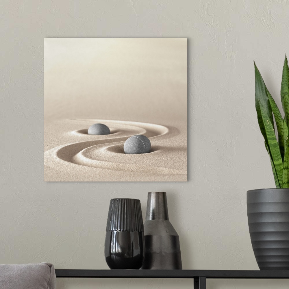 A modern room featuring Zen meditation stone background to Buddhism stones Ying Yang for relaxation balance and harmony s...