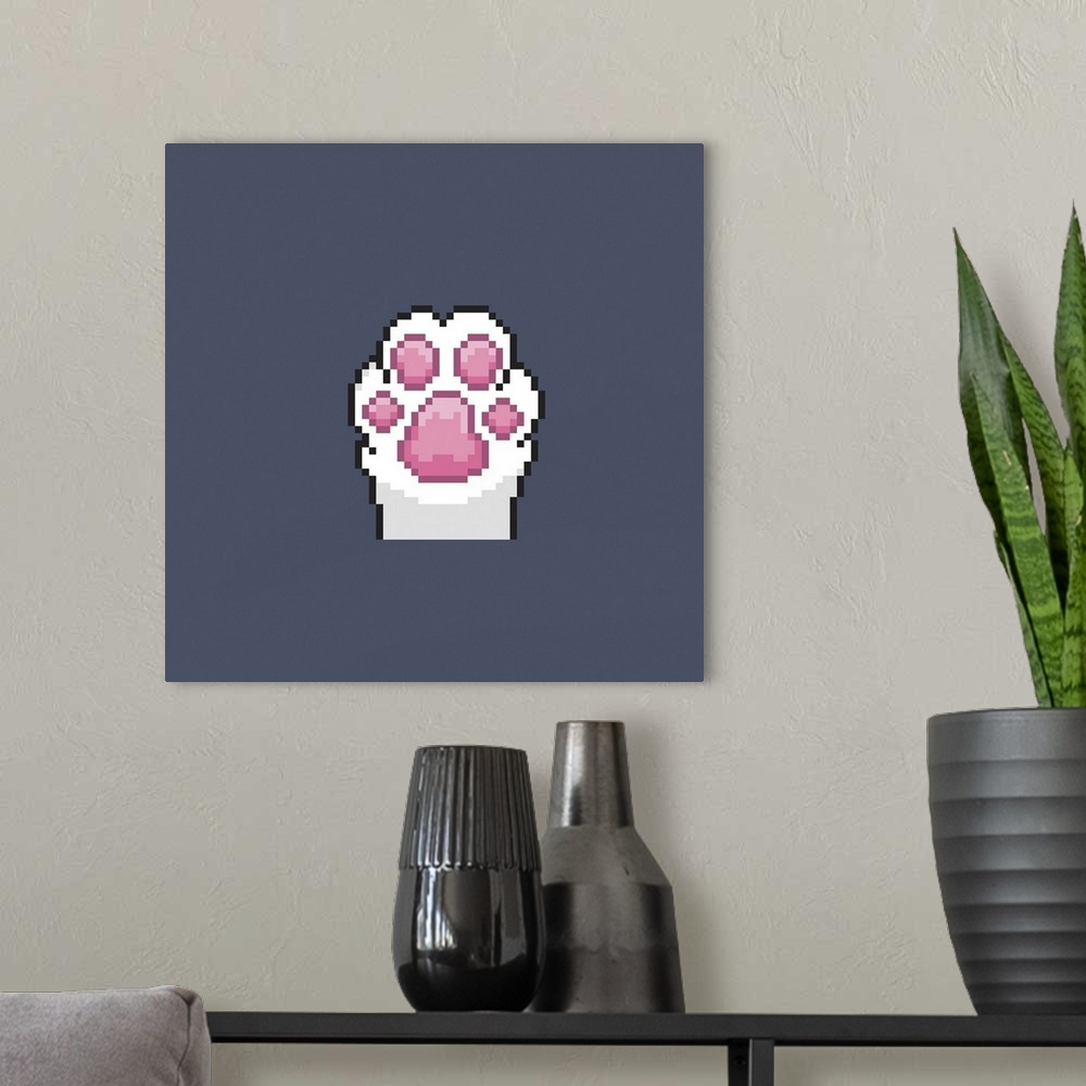 A modern room featuring Cute white cat paw in a pixel style.
