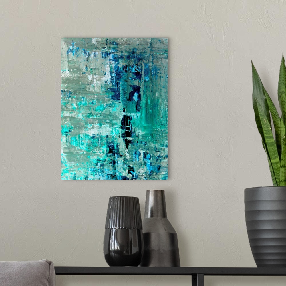 A modern room featuring Modern blue and beige abstract painting with simple lines and texture.