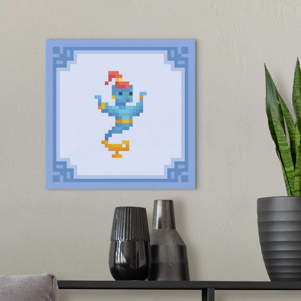 A modern room featuring Genie appear from magic lamp. Pixel art character. Originally a vector illustration in 8 bit style.