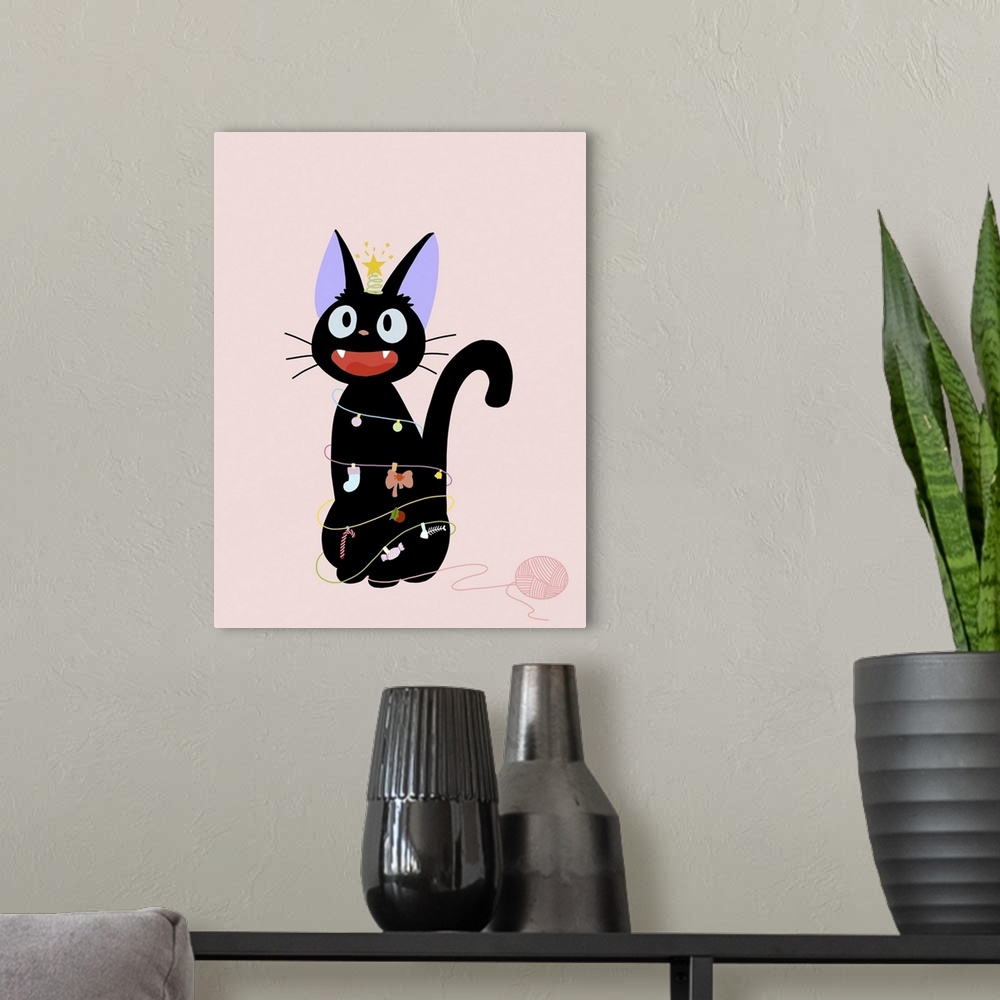 A modern room featuring Jiji from kiki's delivery service, christmas day.