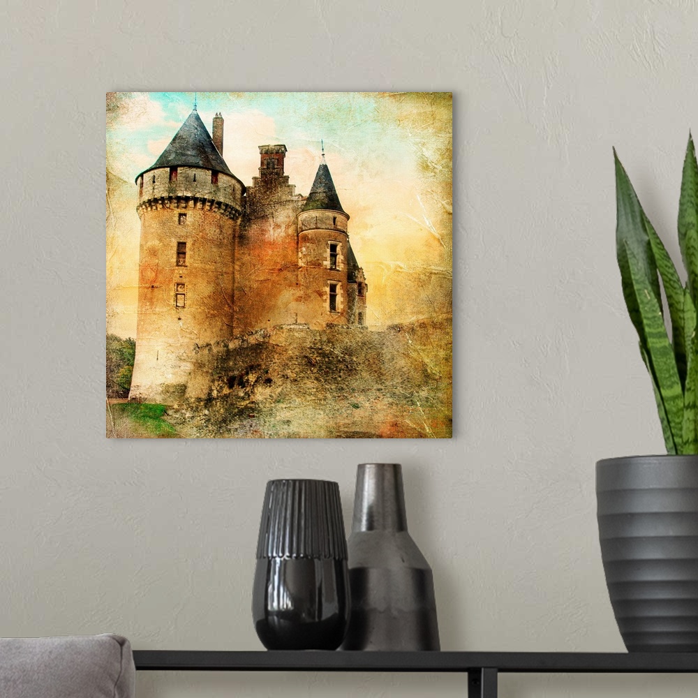 A modern room featuring medieval castle - artwork in painting style